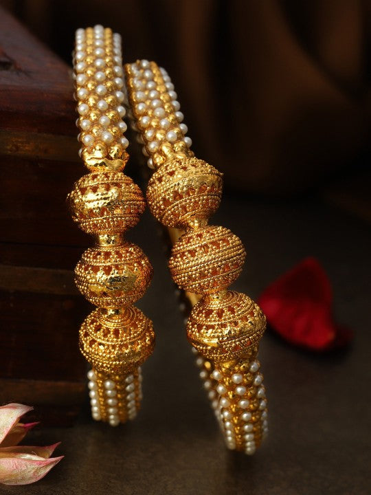 Rubans Set Of 2 Gold-Plated White Pearls-Studded Handcrafted Bangles