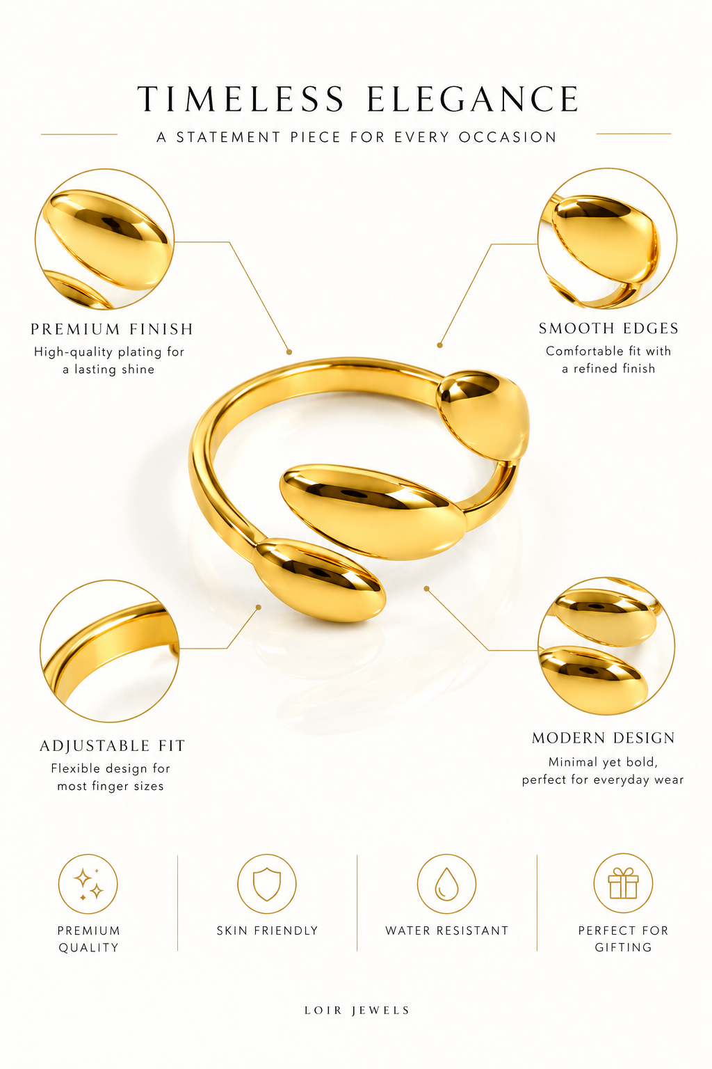 Gold-Plates Triple Oval Open Ring
