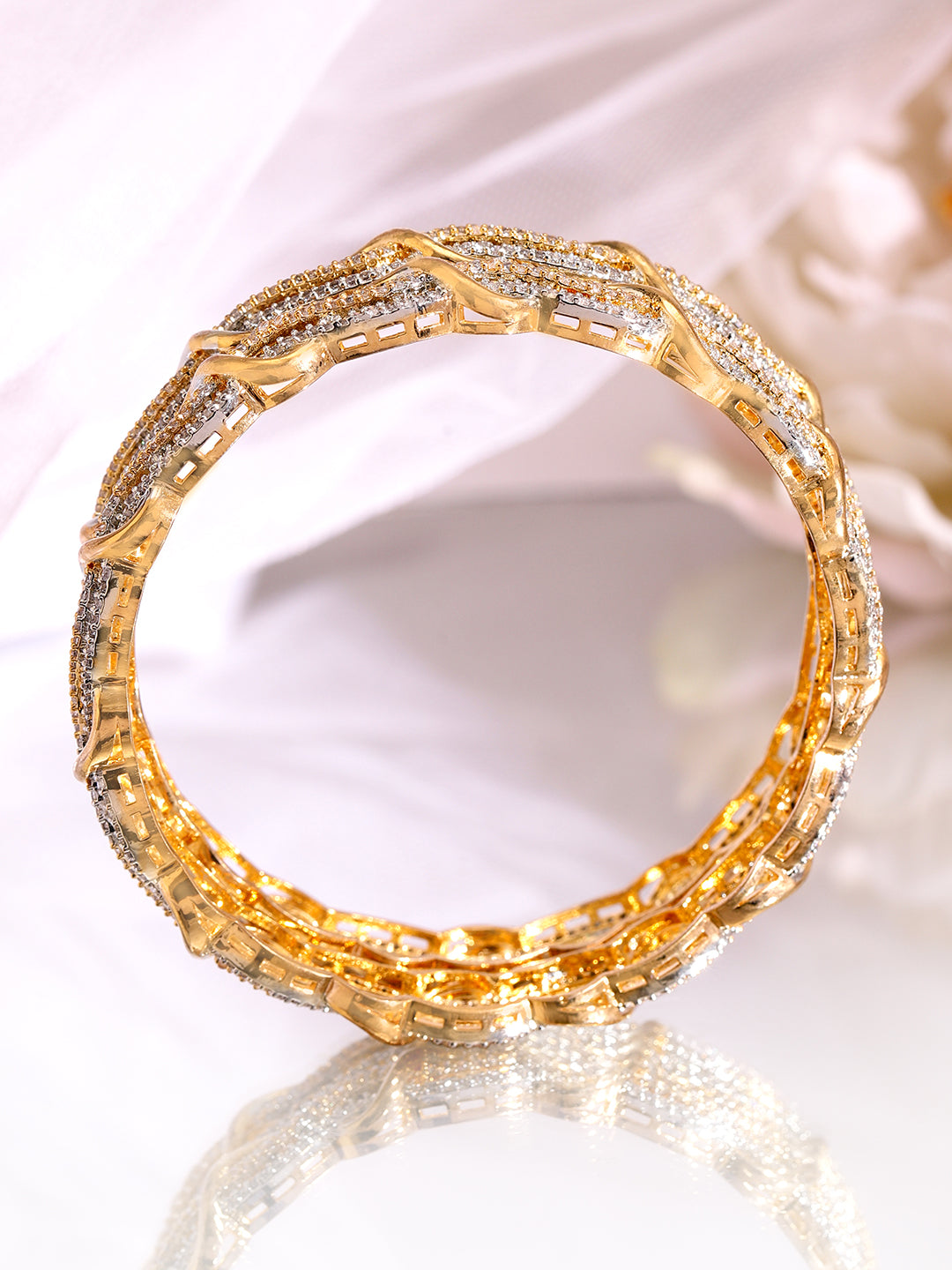 Rubans Set of 2 Rhodium & 18K Gold-Plated Cubic Zirconia Studded Bangles