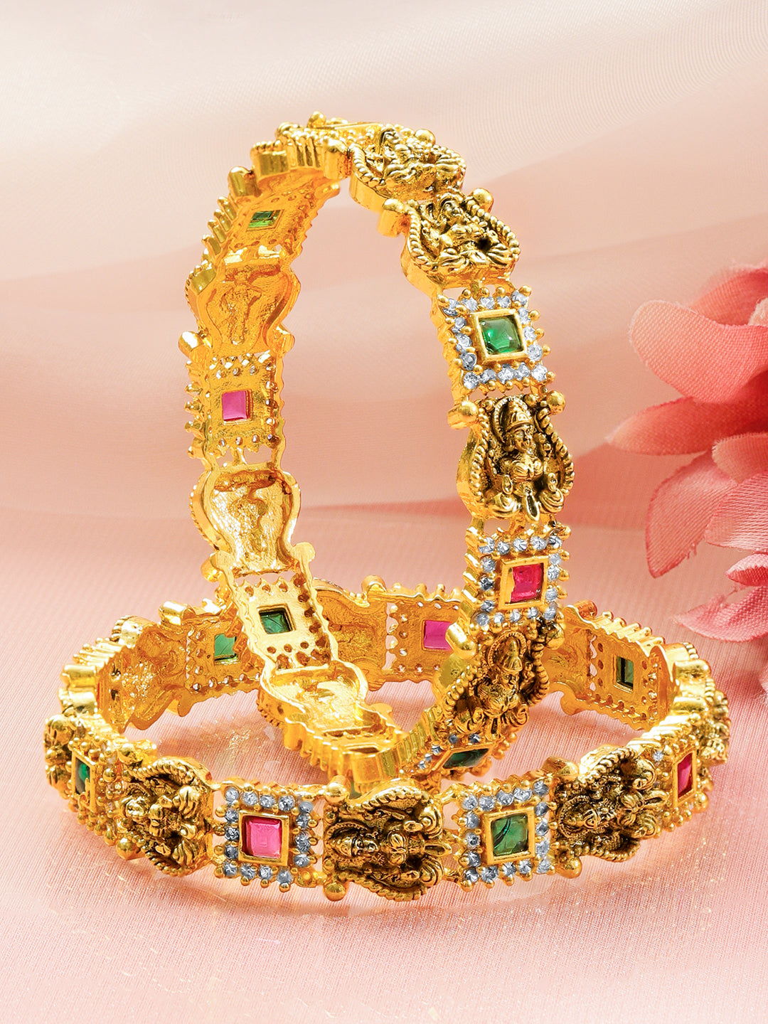 Green & Red Temple Bangles Set Of 2