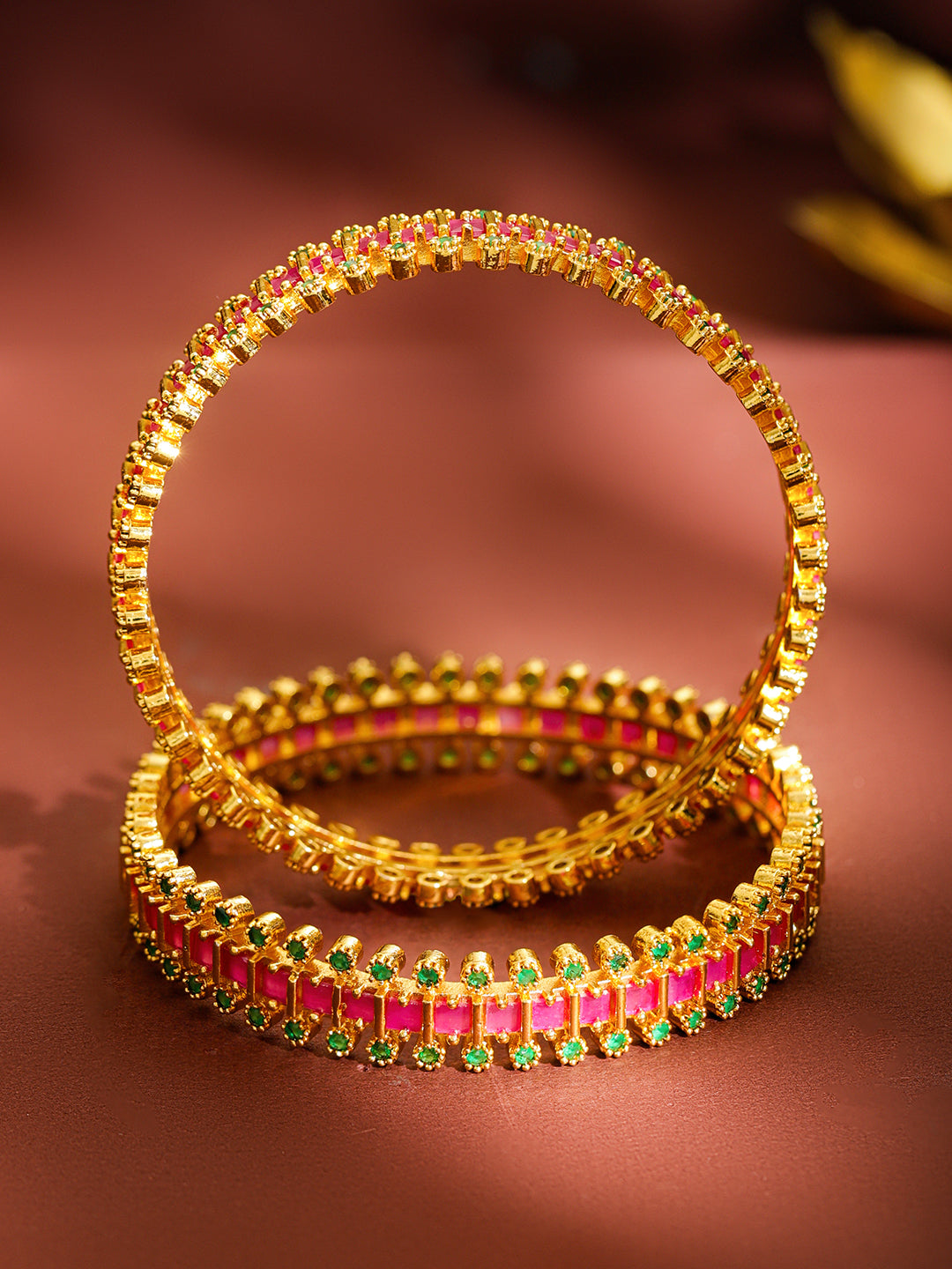 Pink & Green Hues Golden Bangles Set Of 2