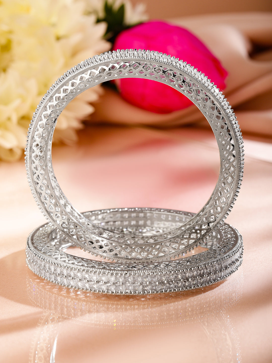 Rubans Set of 2 Rhodium-Plated White Cubic Zirconia Studded Luxe Bangles for Women
