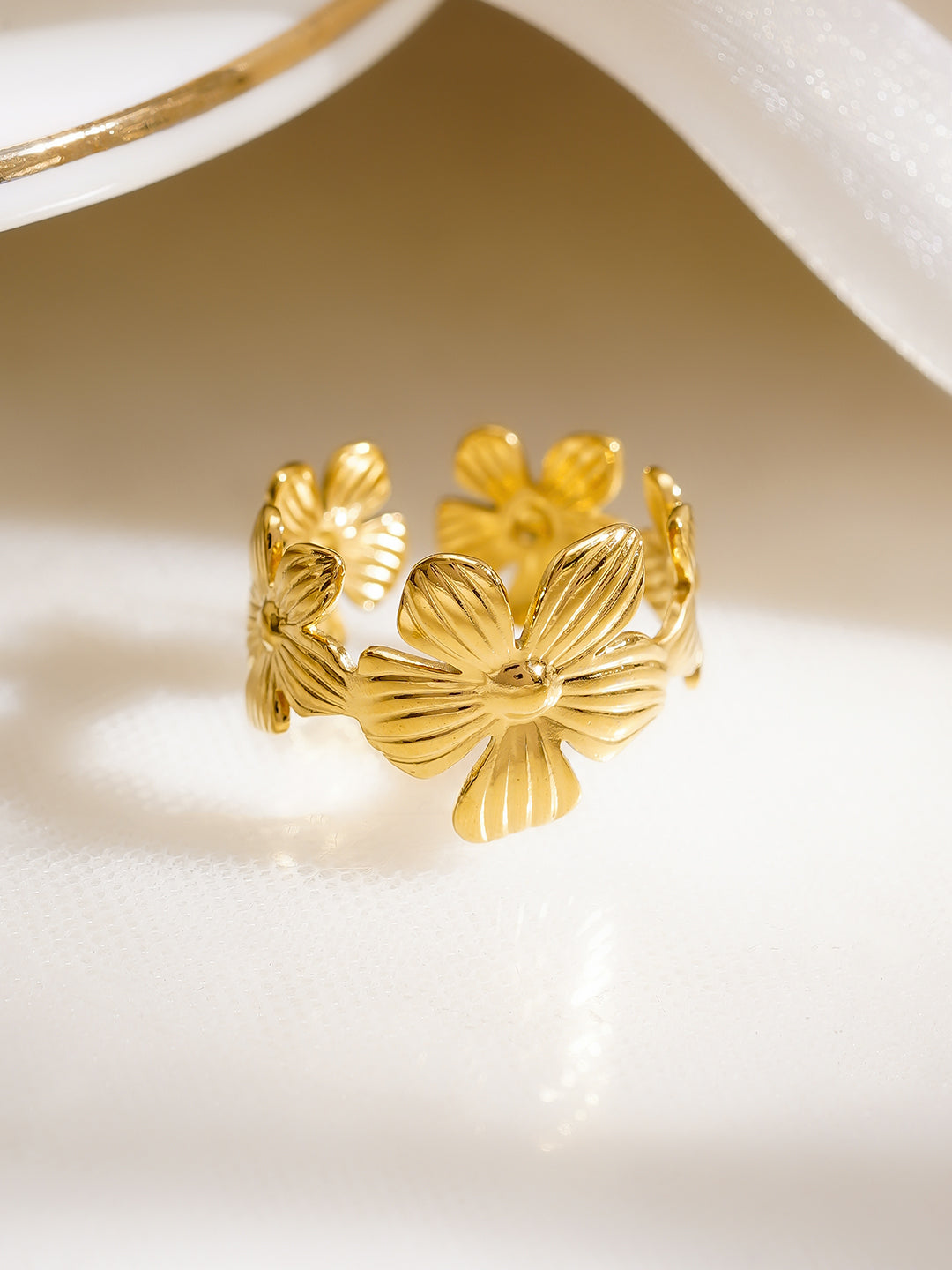 Demi Fine 18K Gold Plated Stainless Steel Mini Floral Charm Open Ring