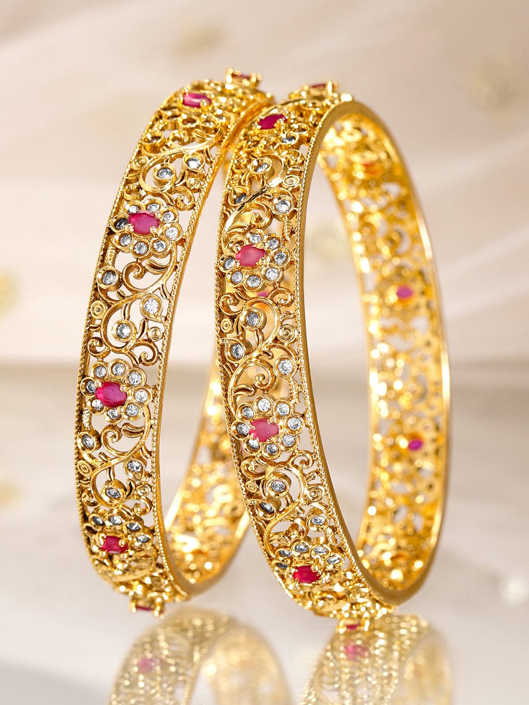 Rubans 2 Pieces 22KT Gold-Plated CZ Stone Studded Bangles