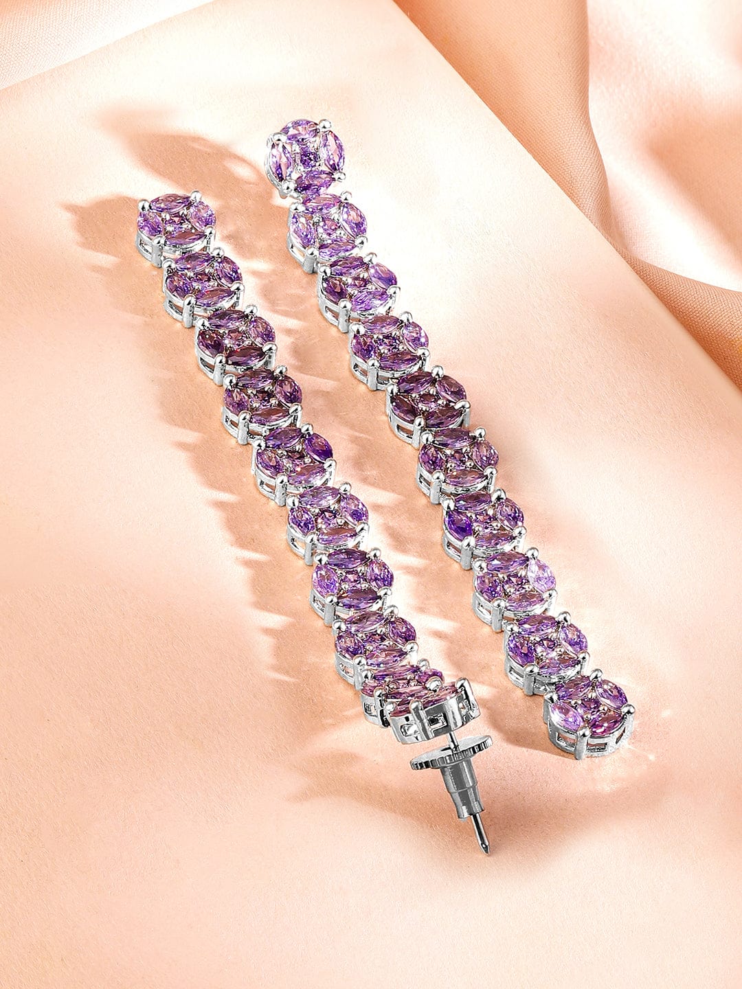 Rhodium-Plated Lavender Cubic Zirconia Studded Drop Earrings