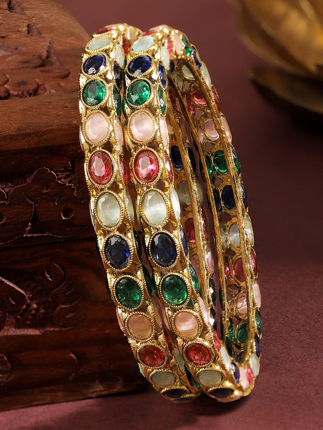 Rubans Set of 2 18K Gold-Plated Multi-Coloured Oval Stone Studded Designer Bangles