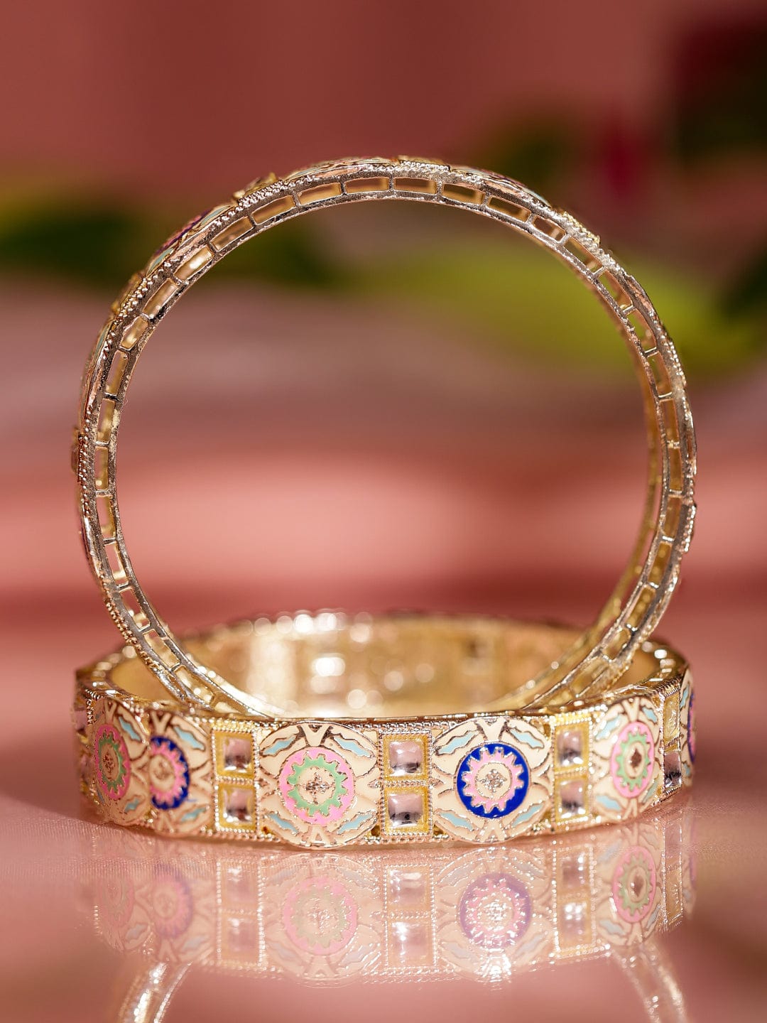 Rubans Set of 2 18K Gold-Plated Multicolor Enamel & Kundan Stone-Studed Handcrafted Bangle
