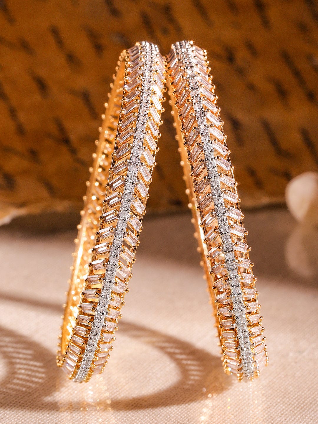 Rubans Set of 2 22K Gold-Plated Dual-Tone Cubic Zirconia Studded Handcrafted Premium Bangles