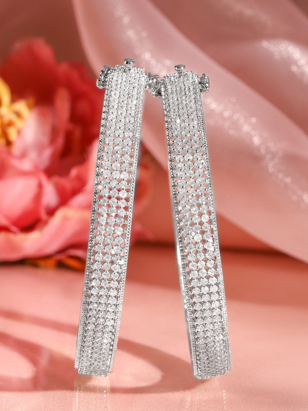 Rubans Set of 2 Rhodium-Plated AAA Cubic Zirconia Studded Handcrafted Openable Bangles