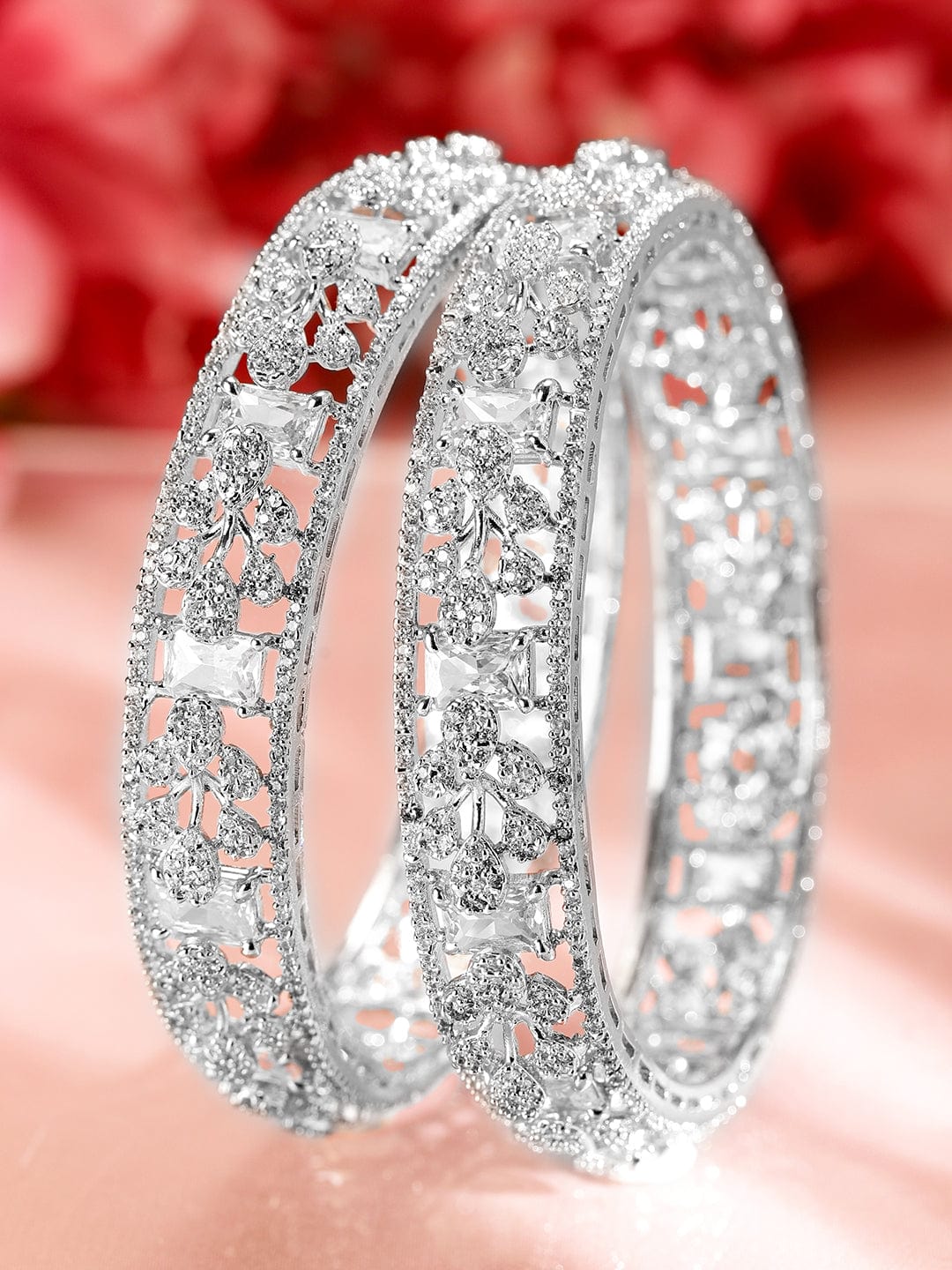 Rubans Set of 2, Rhodium-Plated Cubic Zirconia Studded Premium Handcrafted Bangles