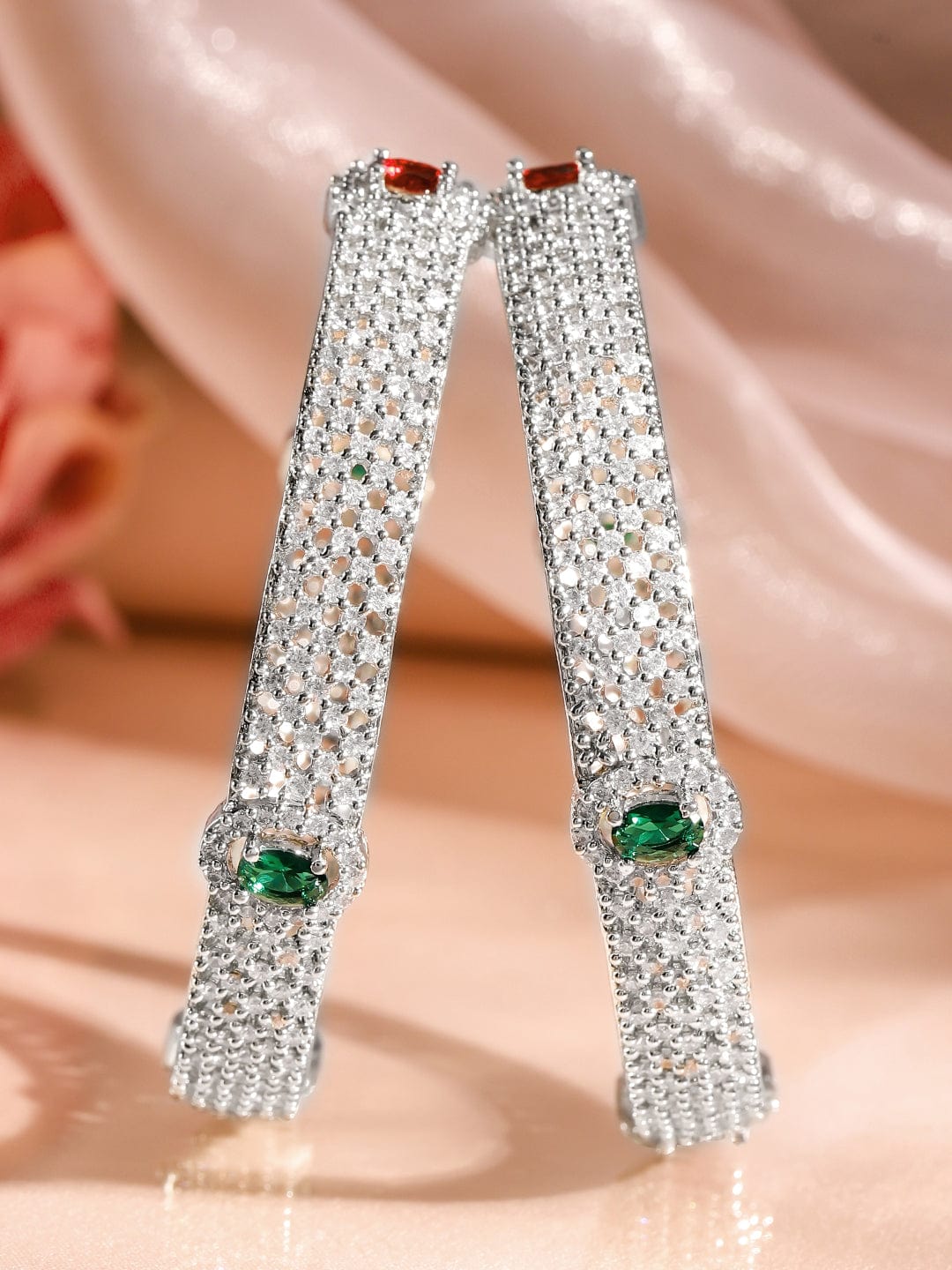 Rubans Set of 2 Rhodium-Plated Ruby Emerald and Cubic Zirconia Studded Premium Bangles