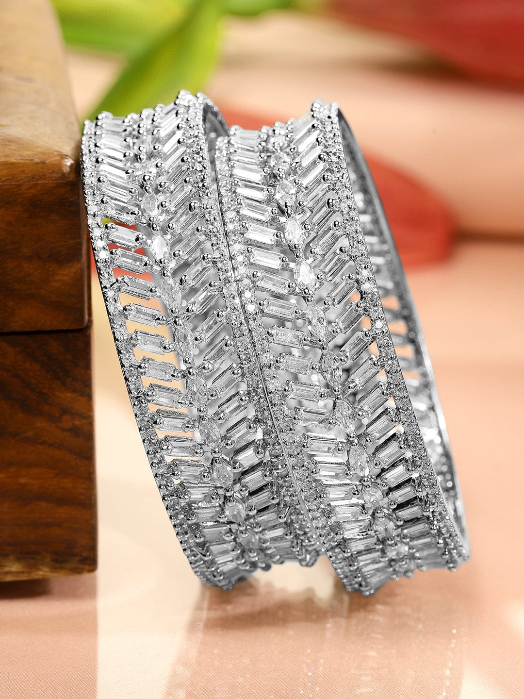 Rubans Set of 2 Rhodium-Plated White Cubic Zirconia Studded Leaf Design Premium Bangles