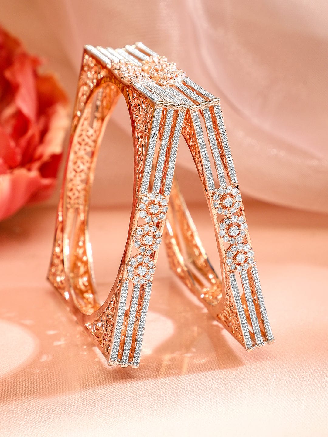 Rubans Set Of 2 Rose Gold-Plated Cubic Zirconia Stone Studded Handcrafted Bangle