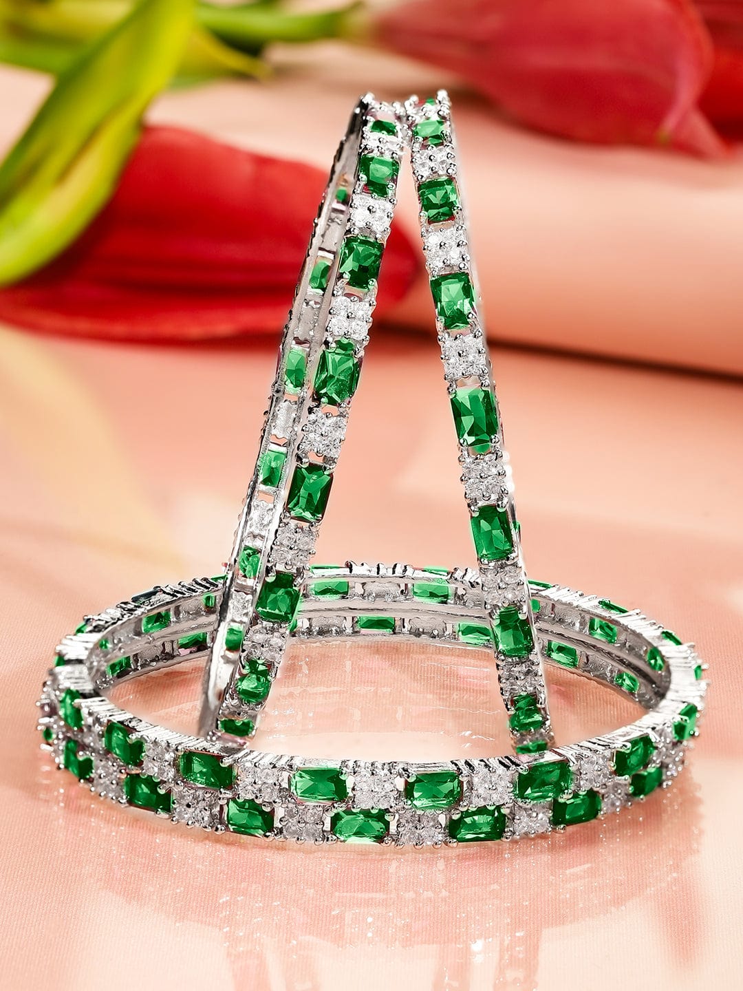 Rubans Set of 4 Rhodium-Plated Emerald Green & White Cubic Zirconia Studded Bangles
