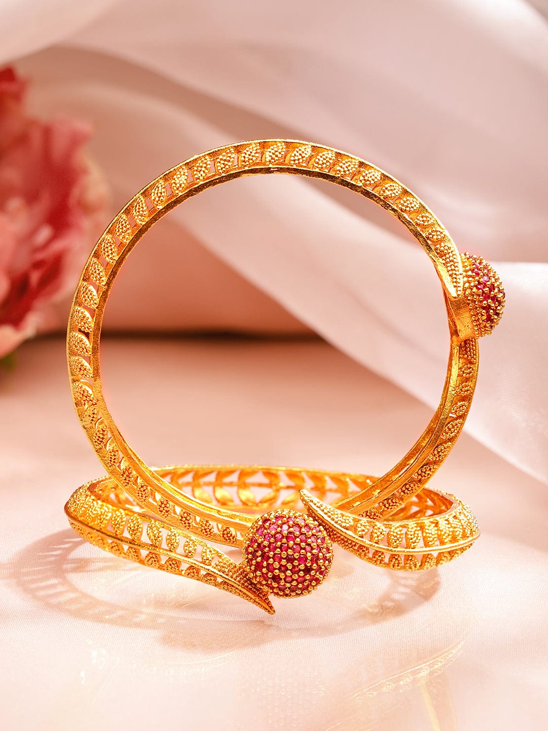Rubans Set of 2 18K Gold Plated Ruby Studded Geru Polish Finish Traditional Bangles