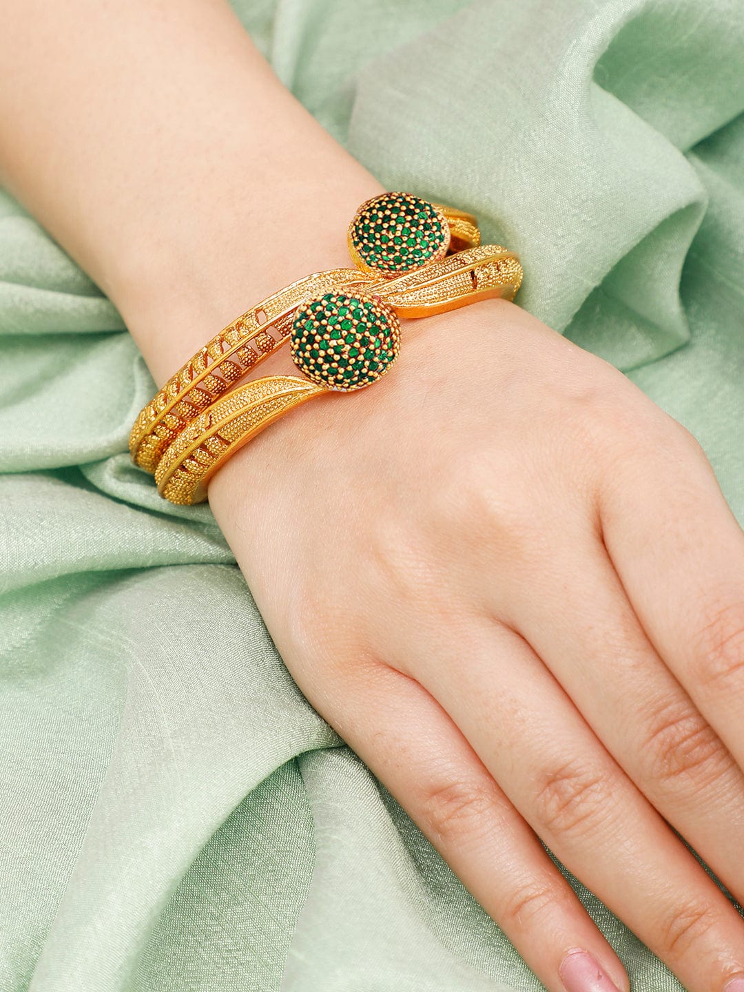 Rubans Set of 2 22K Gold-Plated Emerald Green Stone Studded Traditional Handcrafted Bangle
