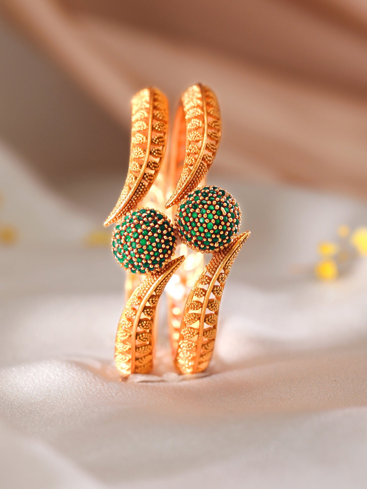 Rubans Set of 2 22K Gold-Plated Emerald Green Stone Studded Traditional Handcrafted Bangle