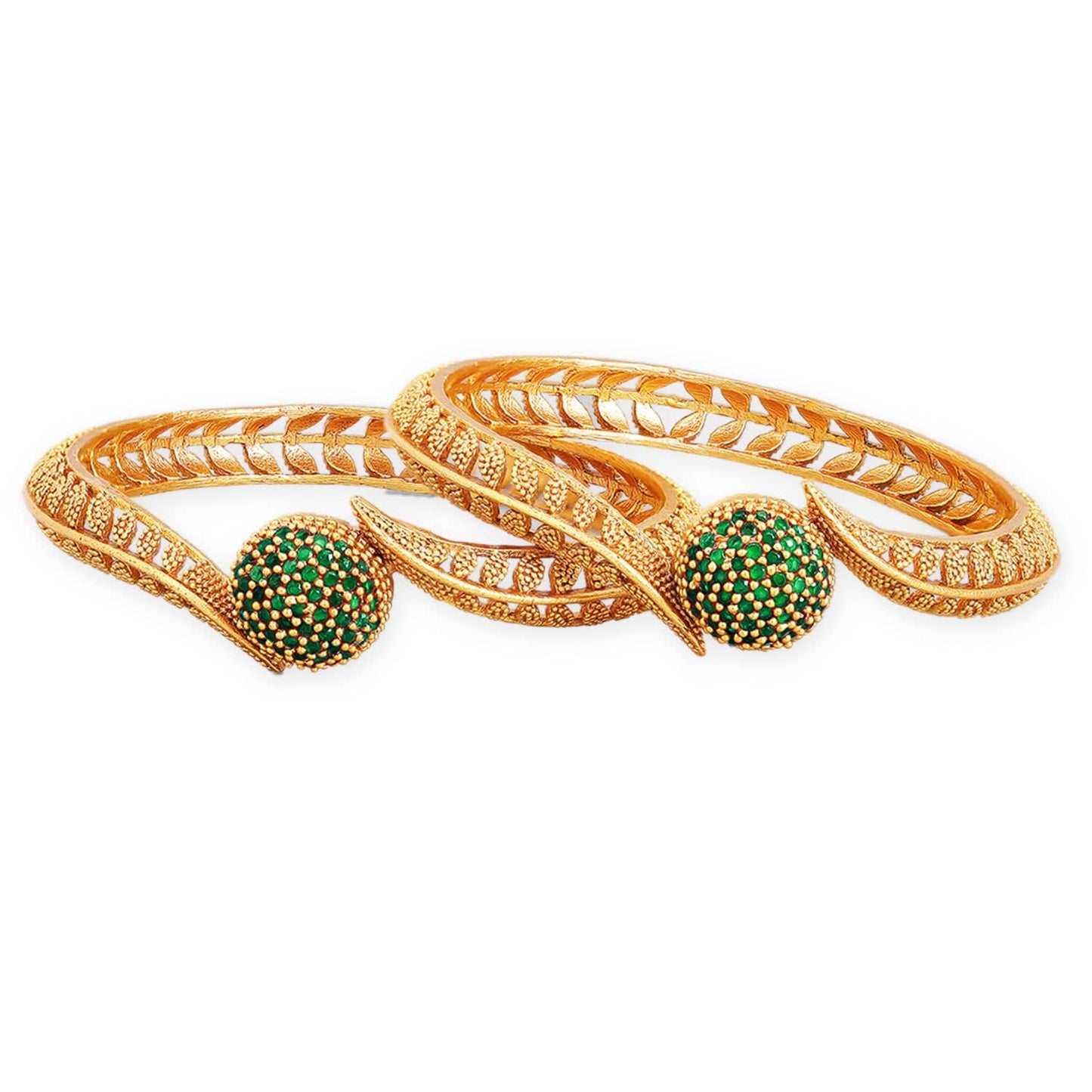 Rubans Set of 2 22K Gold-Plated Emerald Green Stone Studded Traditional Handcrafted Bangle