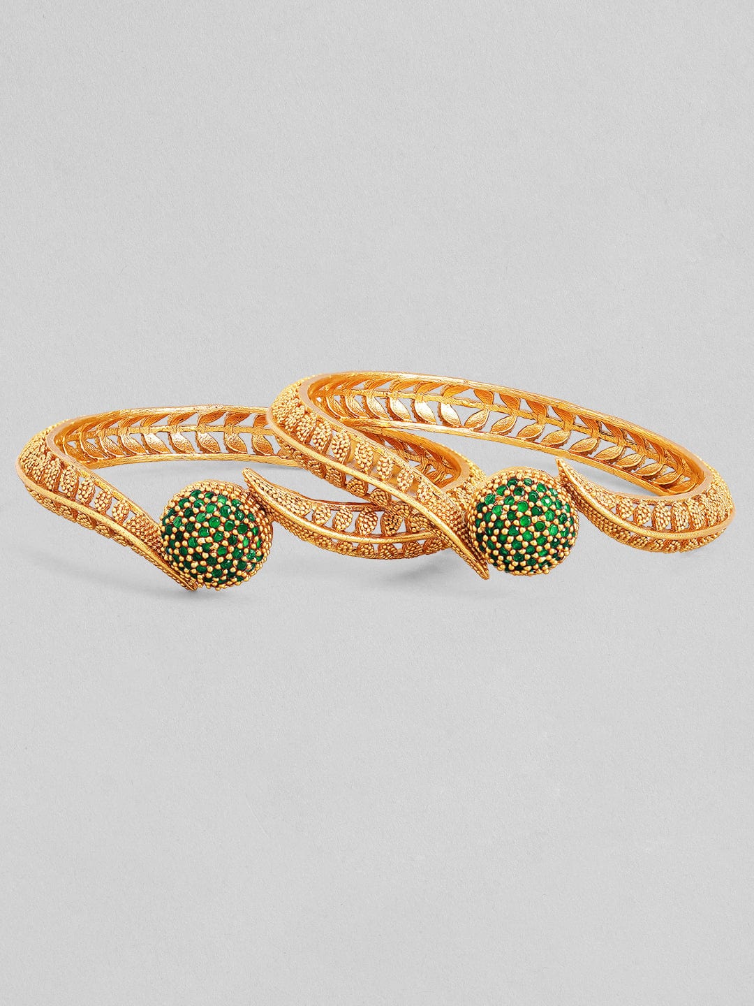 Rubans Set of 2 22K Gold-Plated Emerald Green Stone Studded Traditional Handcrafted Bangle