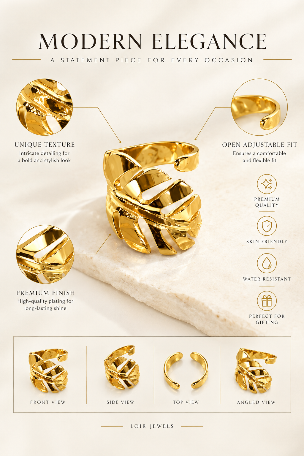 Gold-Plated Leaf Wrap Statement Ring