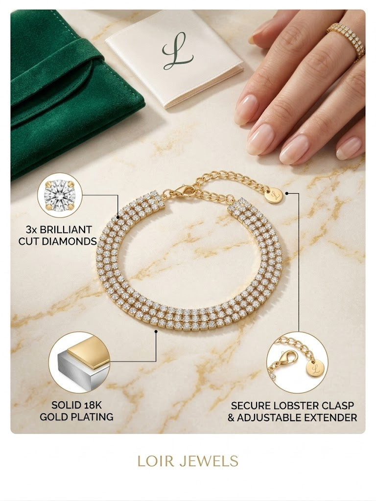 18K Gold Plated Triple Row Tennis Bracelet