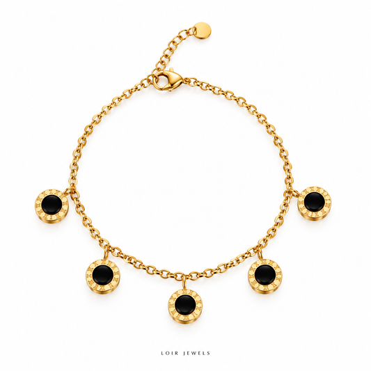 Golden Roman Numeral Black Charm Bracelet