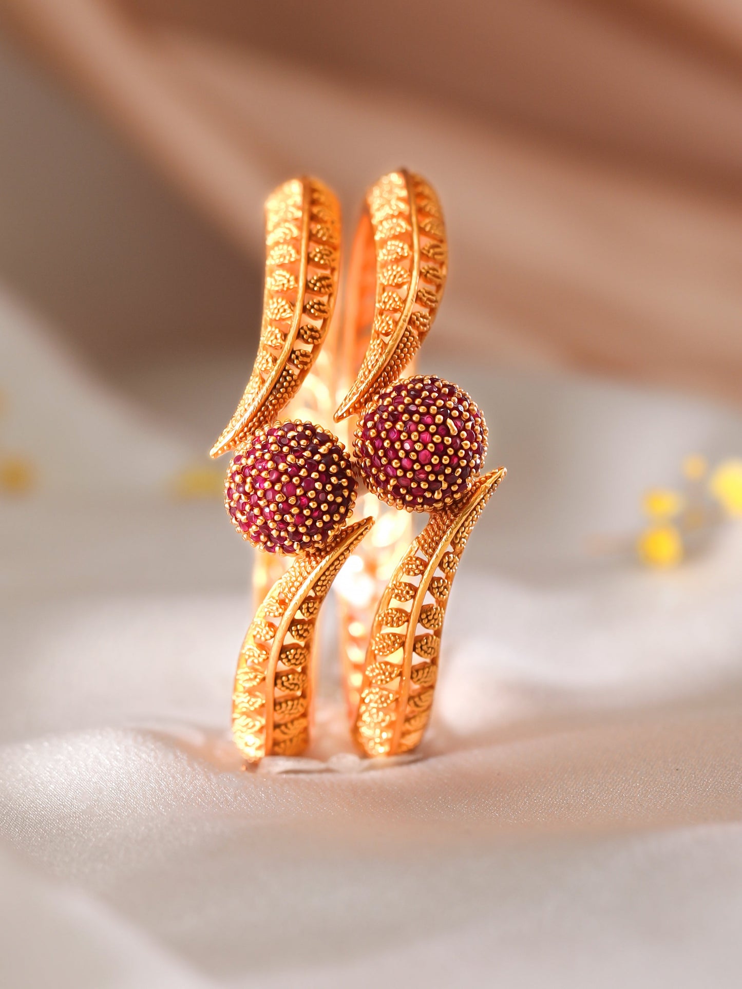 Rubans Set of 2 18K Gold Plated Ruby Studded Geru Polish Finish Traditional Bangles