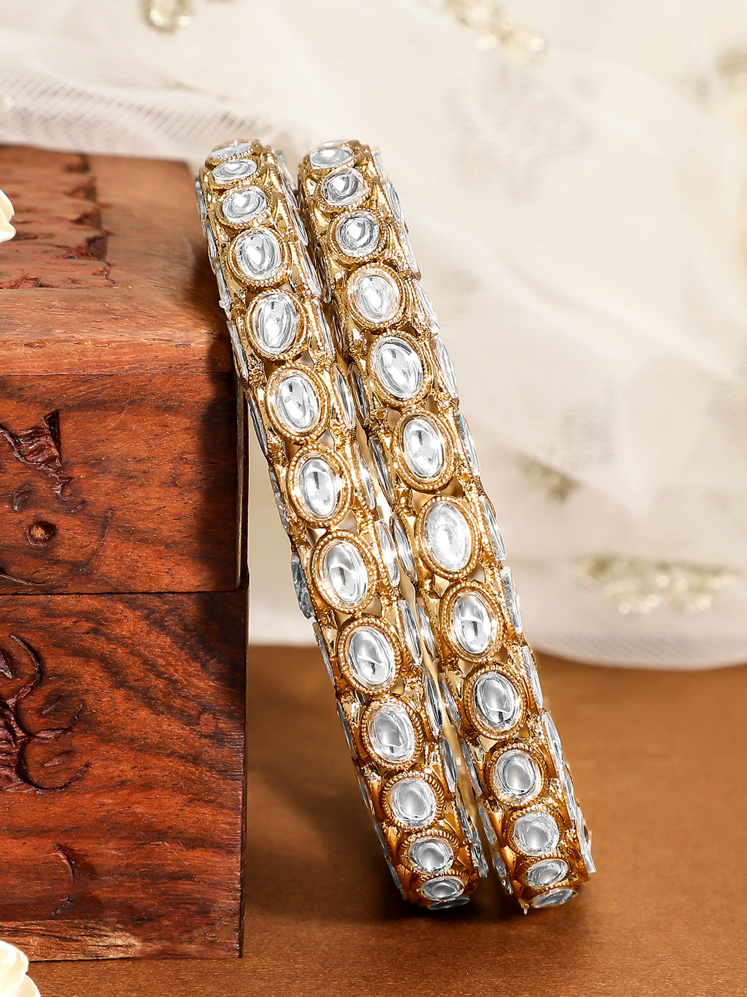 Rubans Set of 2, 18K Gold-Plated Kundan Studded Handcrafted Traditional Bangles