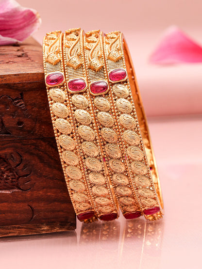 Rubans Set of 4, 22K Gold-Plated Ruby Pink Stone Studded Filigree Traditional Bangles