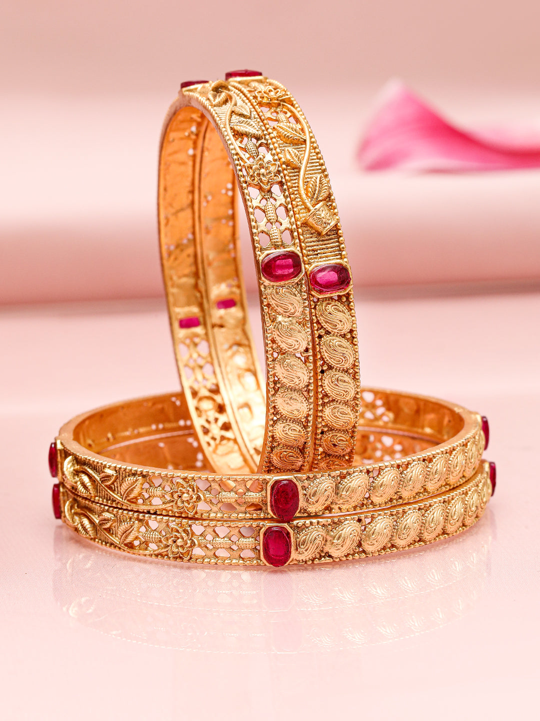 Rubans Set of 4, 22K Gold-Plated Ruby Pink Stone Studded Filigree Traditional Bangles