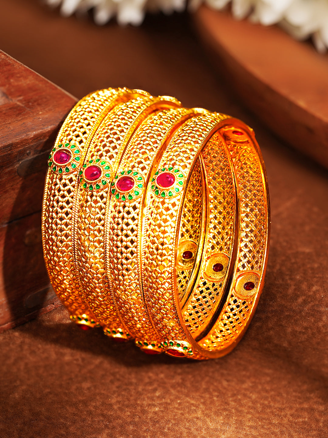 Festive Gold Plated Ruby Detail Bangles