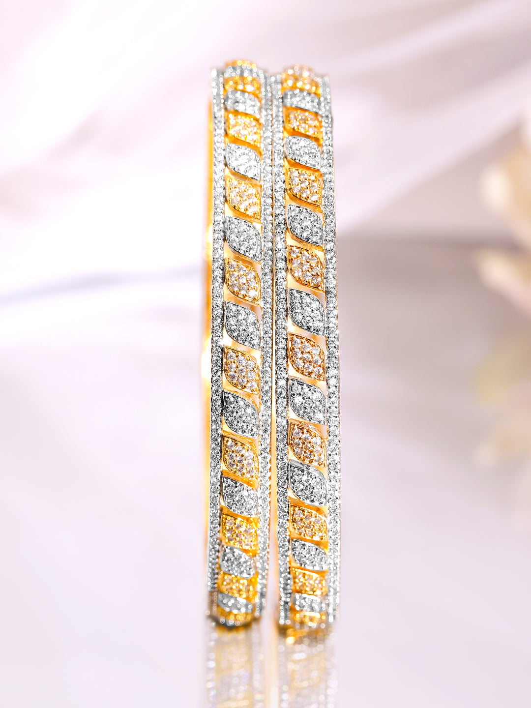 Rubans Set of 2 Rhodium & 18K Gold-Plated Cubic Zirconia Studded Bangles