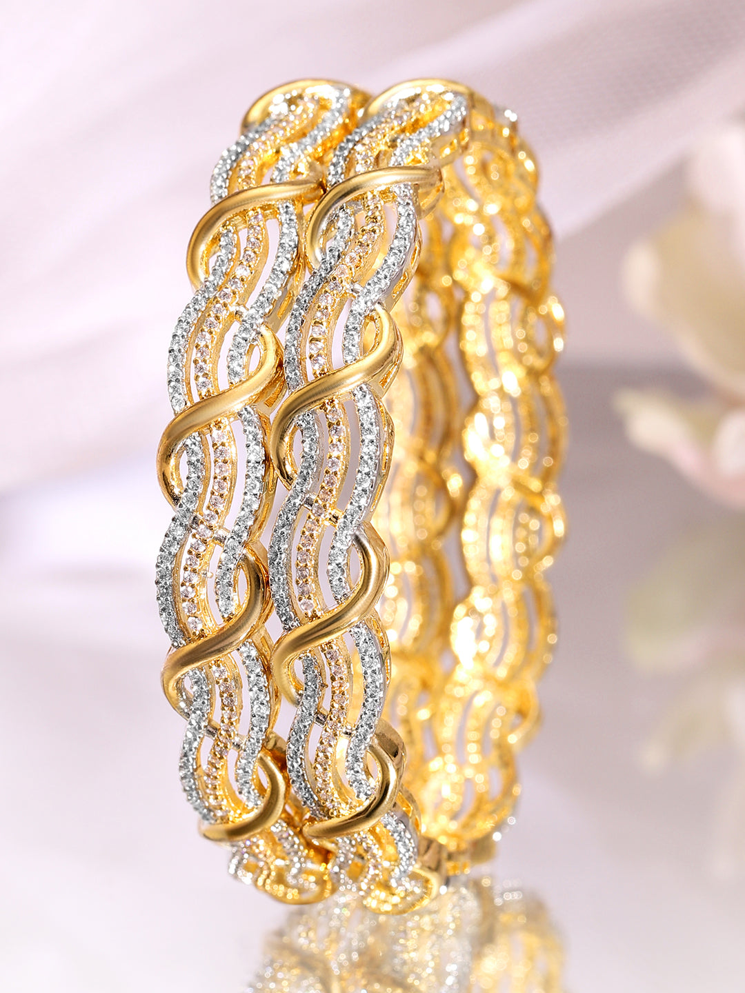 Rubans Set of 2 Rhodium & 18K Gold-Plated Cubic Zirconia Studded Bangles