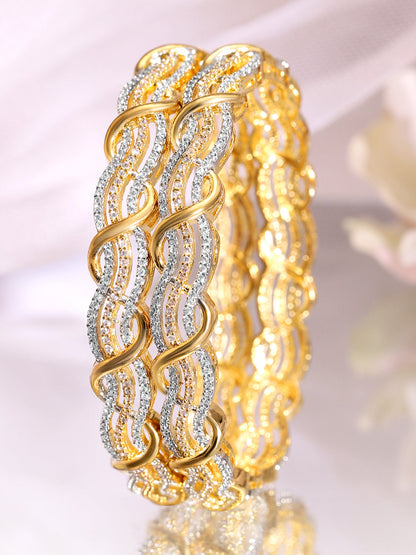Rubans Set of 2 Rhodium & 18K Gold-Plated Cubic Zirconia Studded Bangles