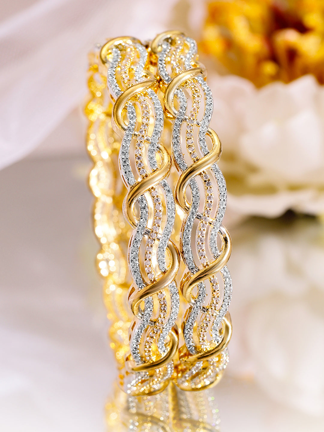 Rubans Set of 2 Rhodium & 18K Gold-Plated Cubic Zirconia Studded Bangles