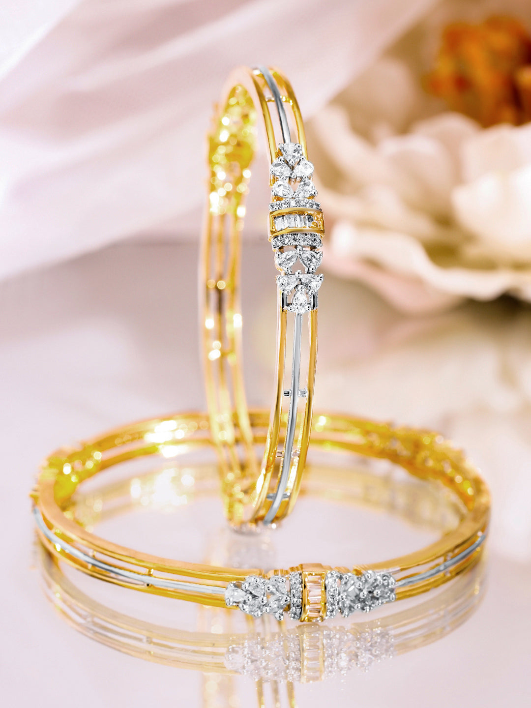Rubans Set of 2, 22K Gold-Plated & Rhodium Accent Cubic Zirconia Studded Bangles