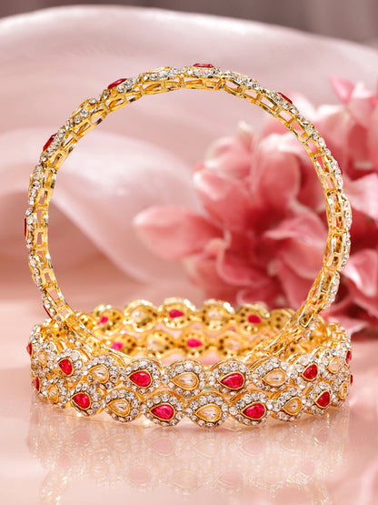 Rubans Set of 4 18K Mehandi Gold-Plated Ruby Pink & White Kundan Studded Designer Bangles