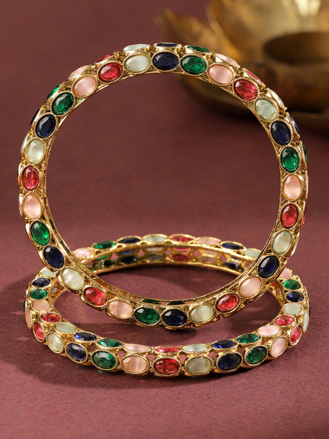 Rubans Set of 2 18K Gold-Plated Multi-Coloured Oval Stone Studded Designer Bangles