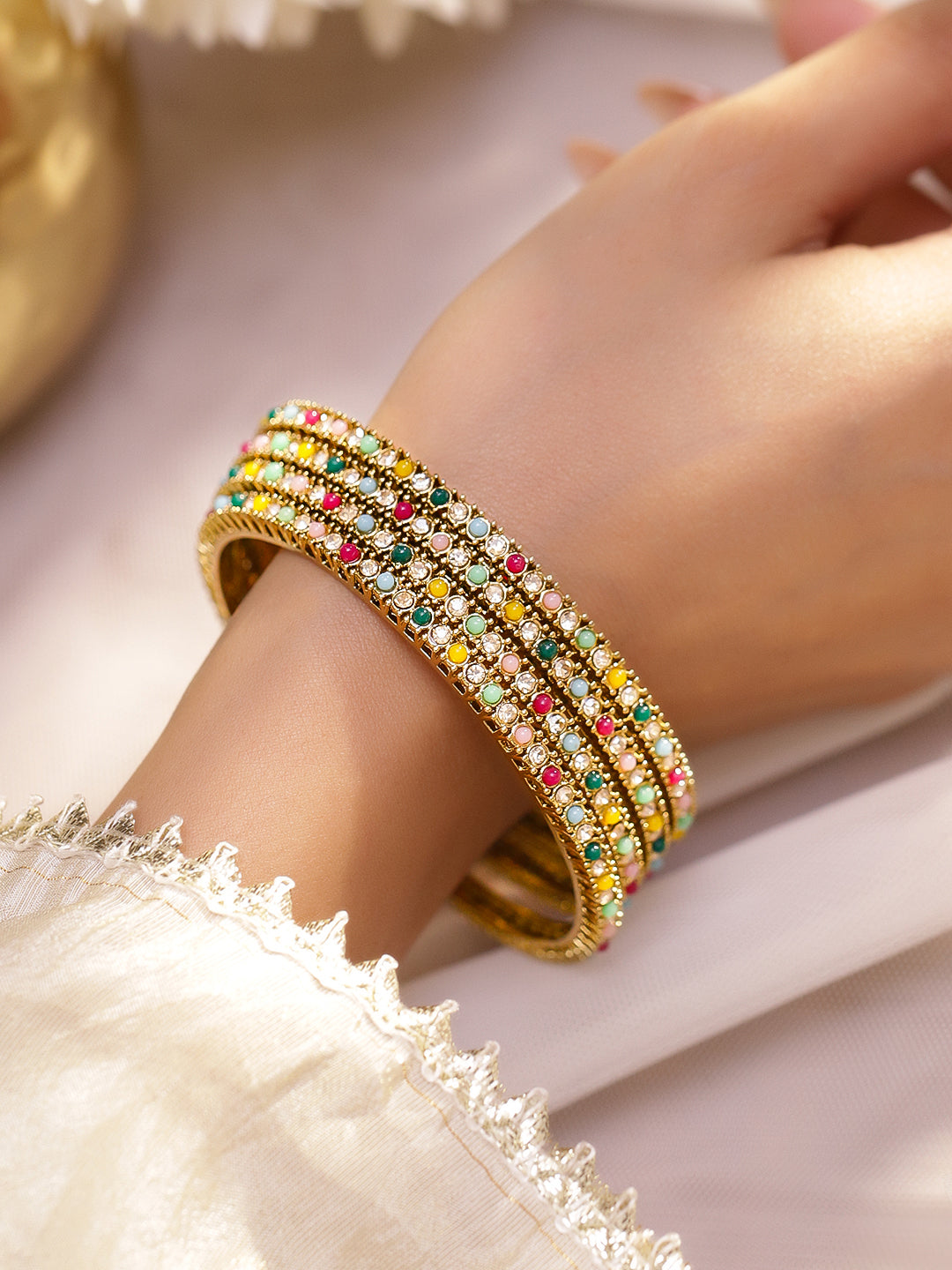 Gold Bangles With Multicolor Beads Set Of 4