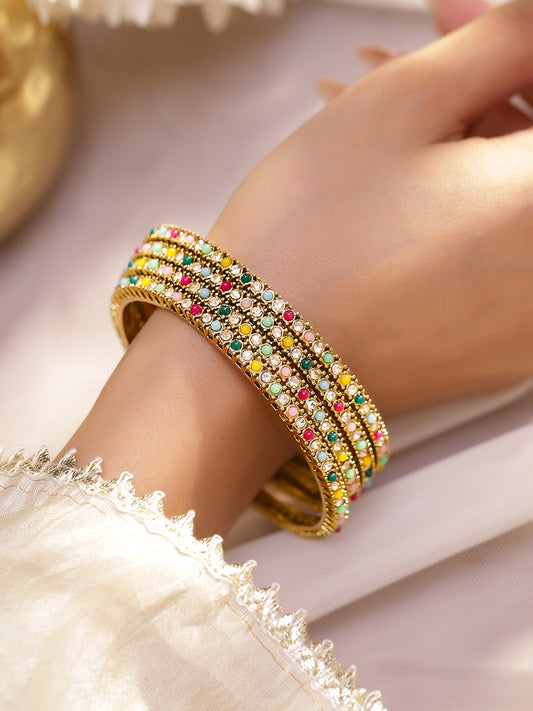 Gold Bangles With Multicolor Beads Set Of 4