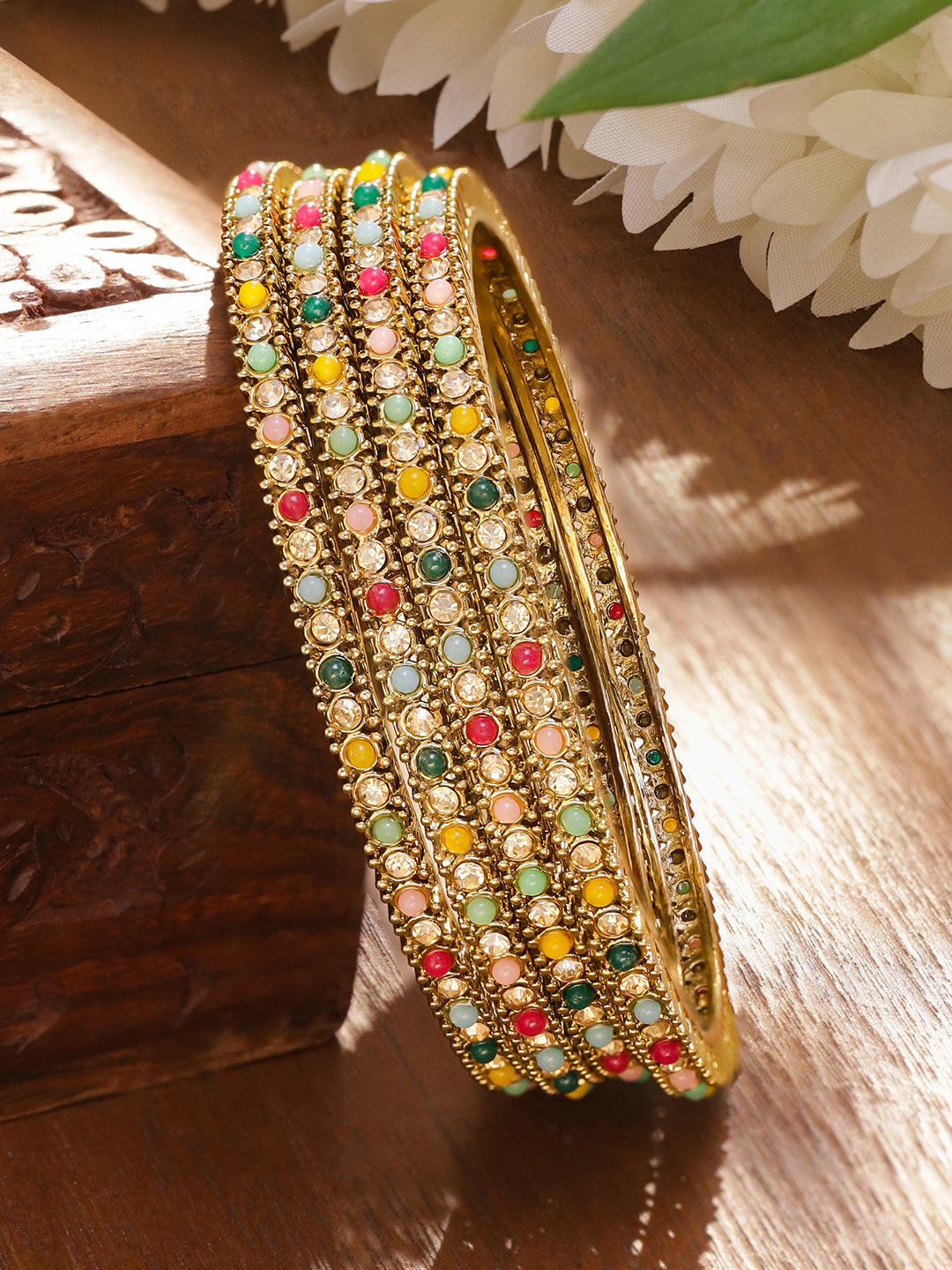 Gold Bangles With Multicolor Beads Set Of 4