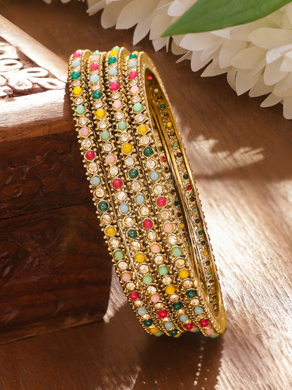 Gold Bangles With Multicolor Beads Set Of 4