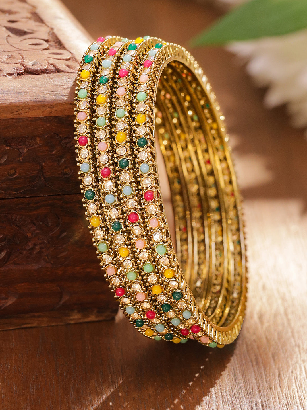 Gold Bangles With Multicolor Beads Set Of 4
