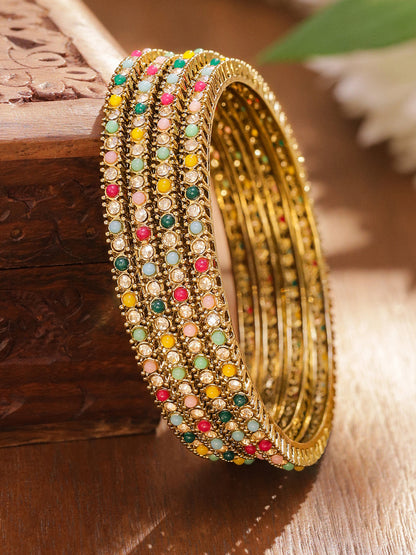 Gold Bangles With Multicolor Beads Set Of 4