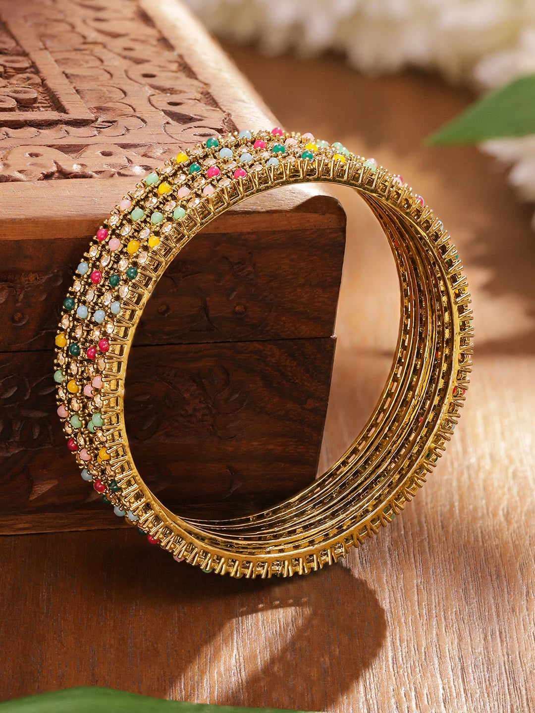 Gold Bangles With Multicolor Beads Set Of 4