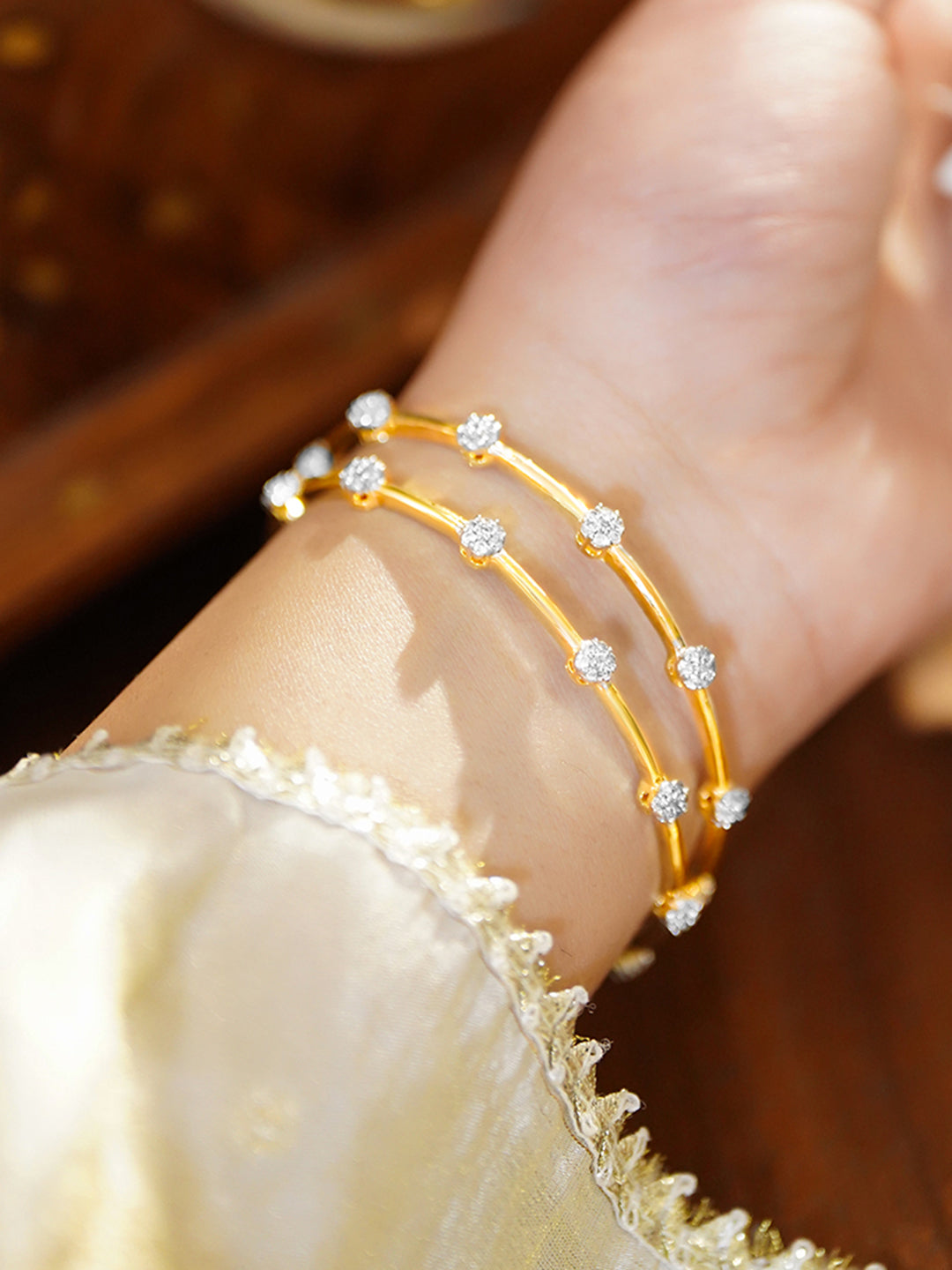 Golden Bangles With Kundan & Crystal Work