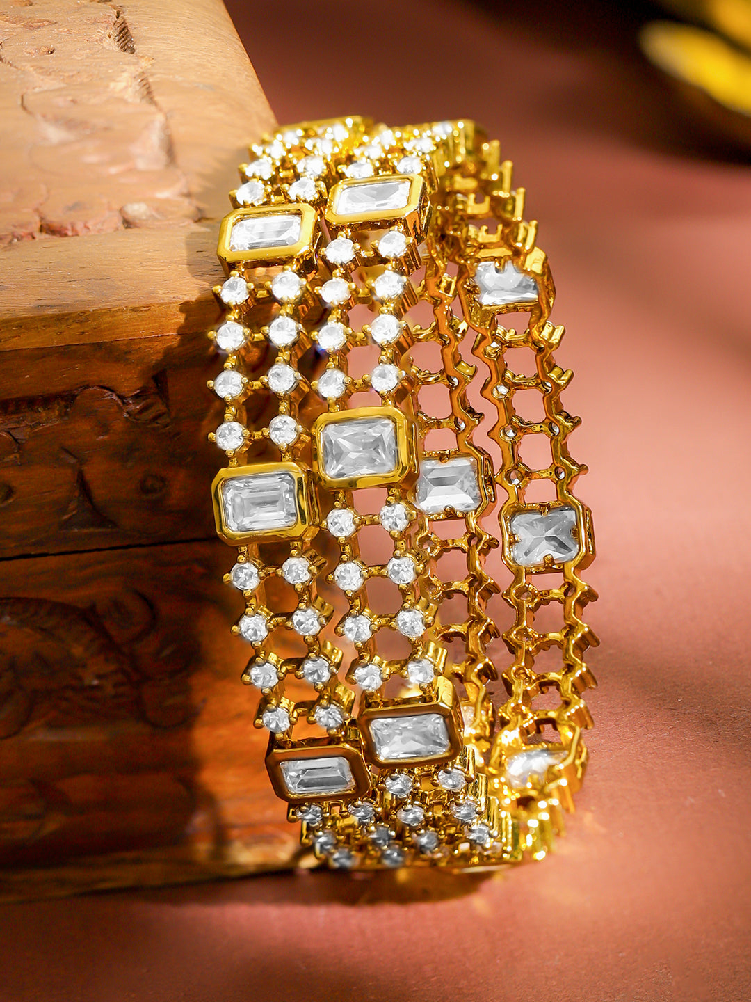 American Diamond Zirconia Studded Gold Bangles Set Of 2