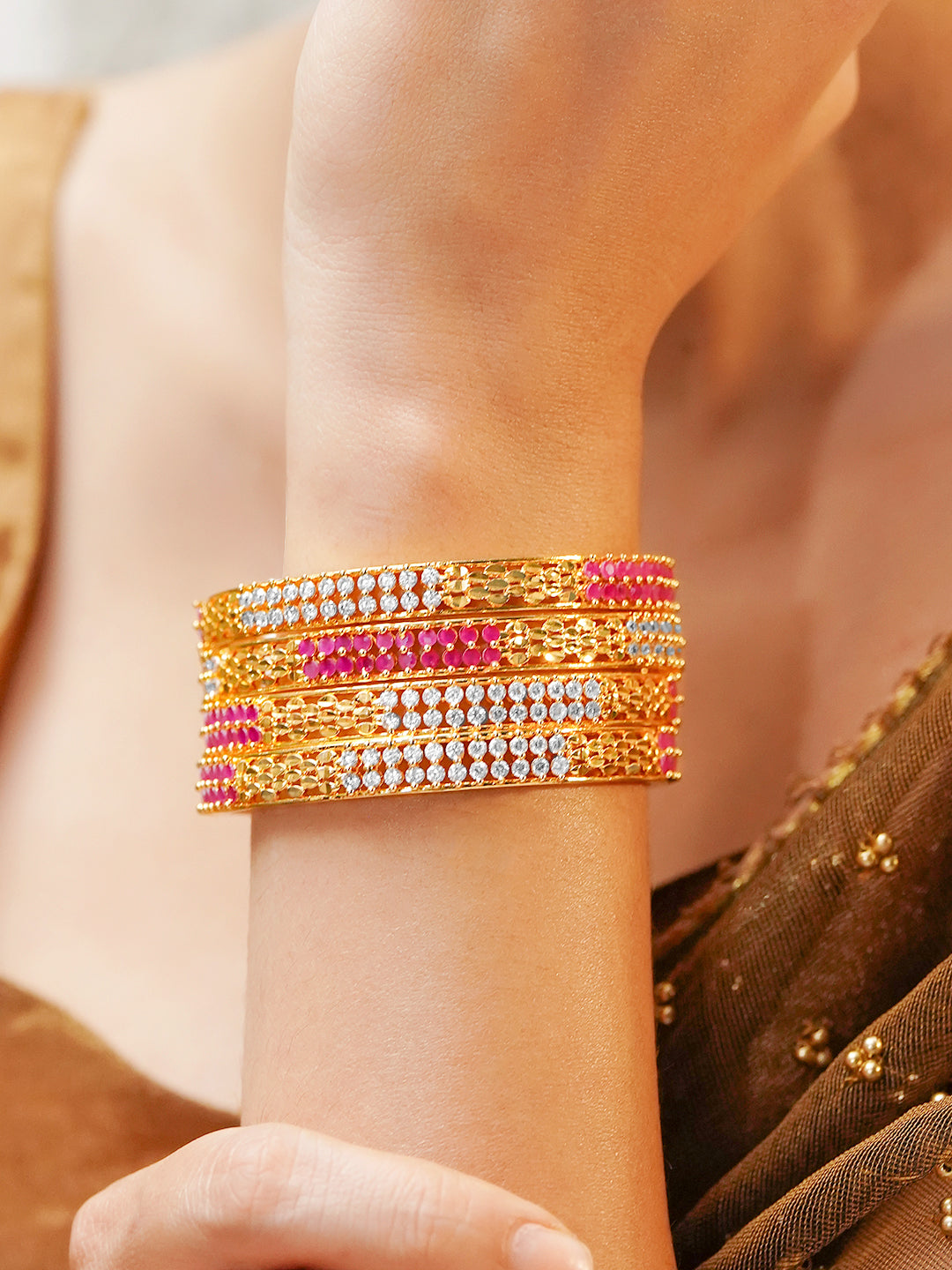 Pink & White Elegance Golden Bangles Set of 4