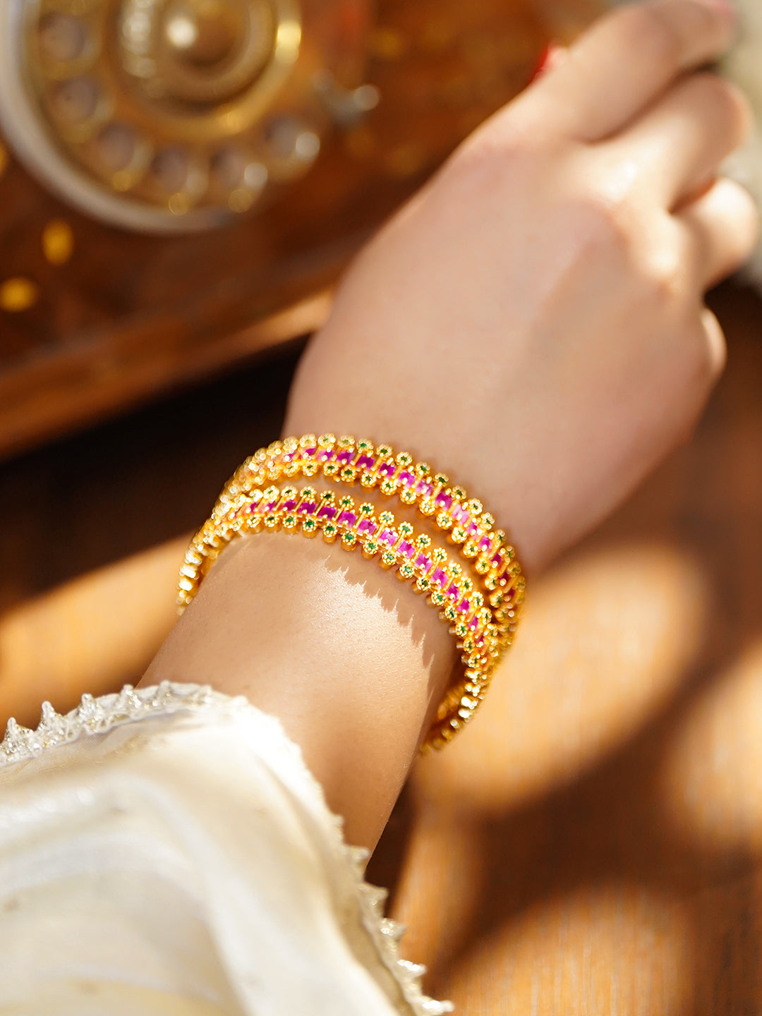Pink & Green Hues Golden Bangles Set Of 2