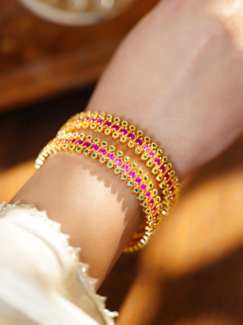 Pink & Green Hues Golden Bangles Set Of 2